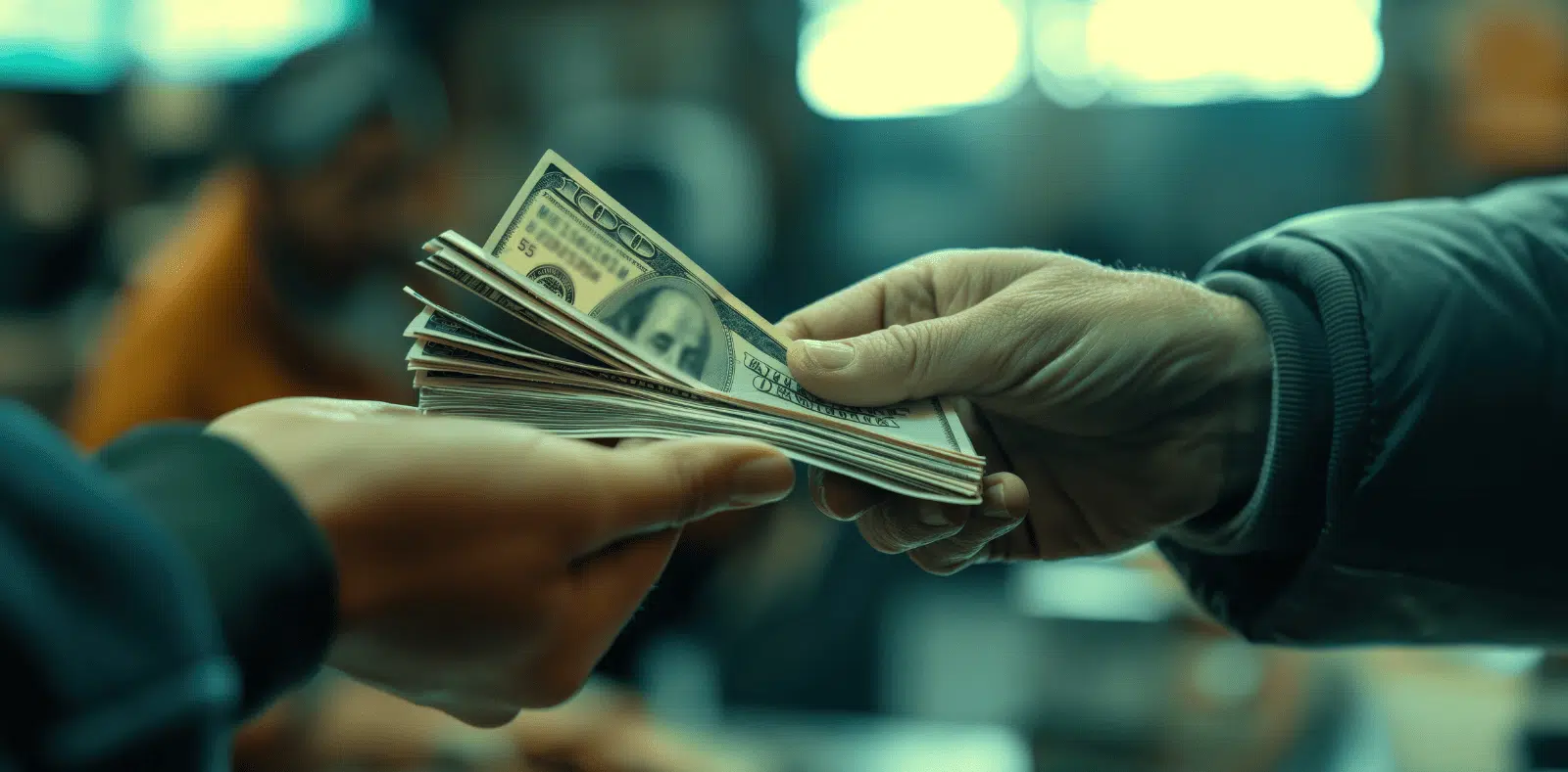 A smiling couple sits across from an agent showing a floor plan on a laptop; the man reaches forward to accept keys being offered