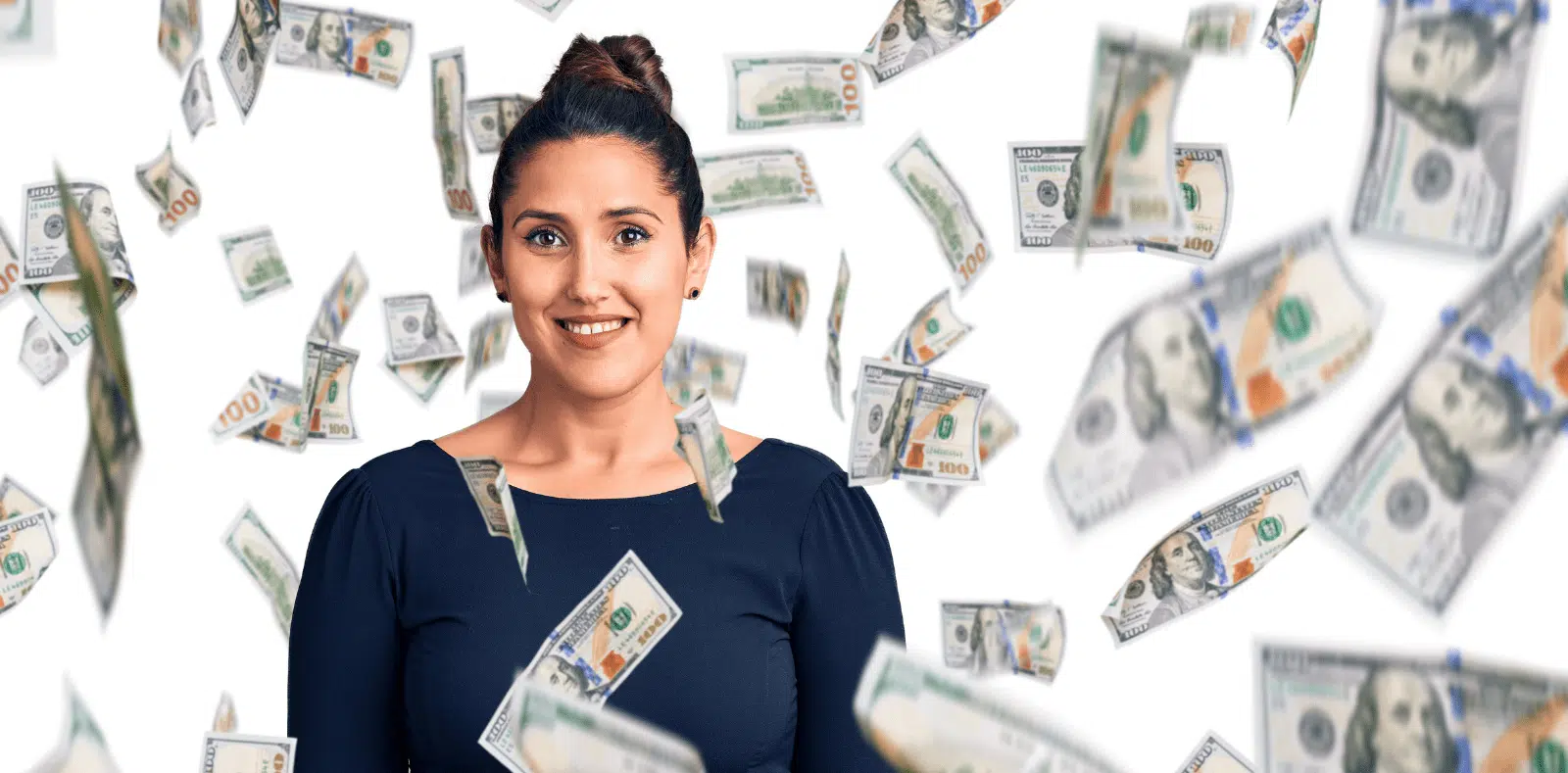 A confident bearded man in a white shirt holds a fan of $100 bills and points at them with a smirk against a light grey background