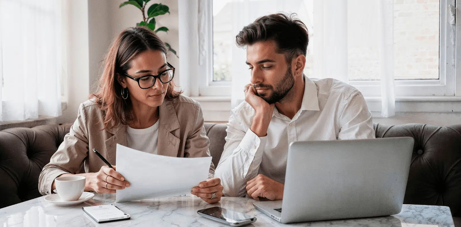 A smiling woman in a dark navy top stands against a white background with $100 bills flying and floating all around her