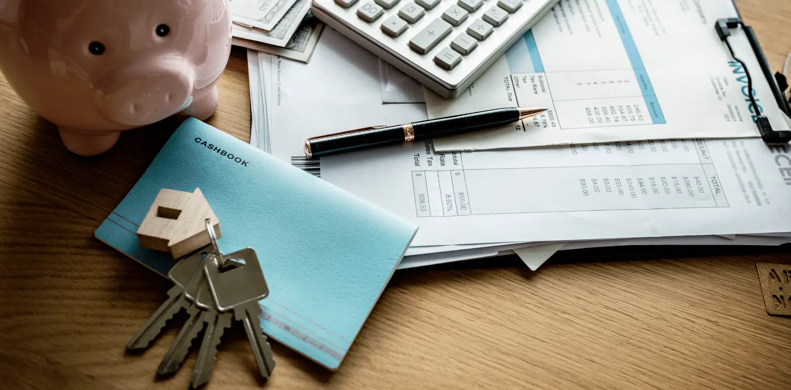 A smiling couple, one holding a fluffy dog, shakes hands with a professional across a desk covered with documents in a bright office